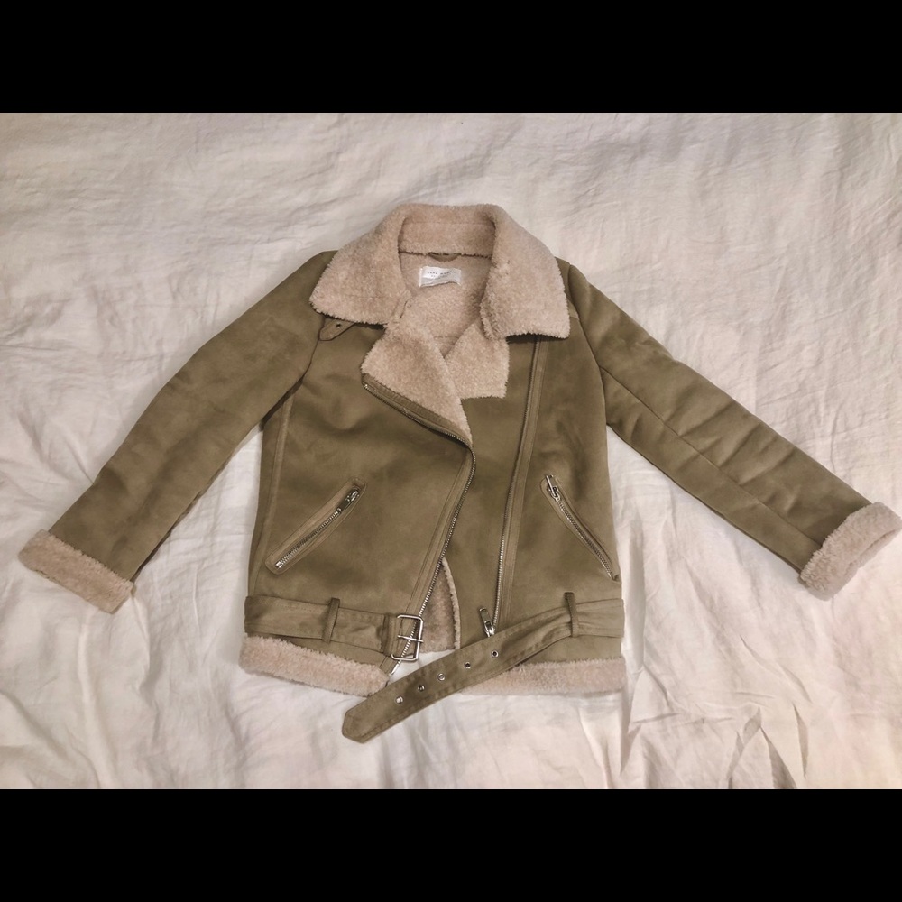 Zara Faux Shearling Suede Moto Biker Jacket